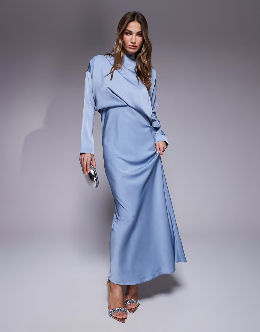 ASOS DESIGN high neck bias cut satin maxi dress with sleeve detail in blue | ASOS (Global)
