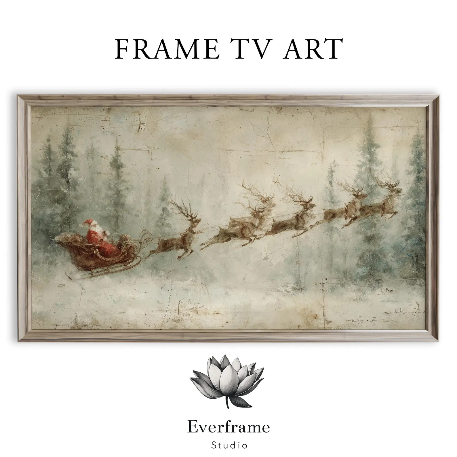 Vintage Santa Sleigh Frame TV Art, Reindeer Painting Art for TV, Rustic Winter Wall Decor, Christ... | Etsy (US)