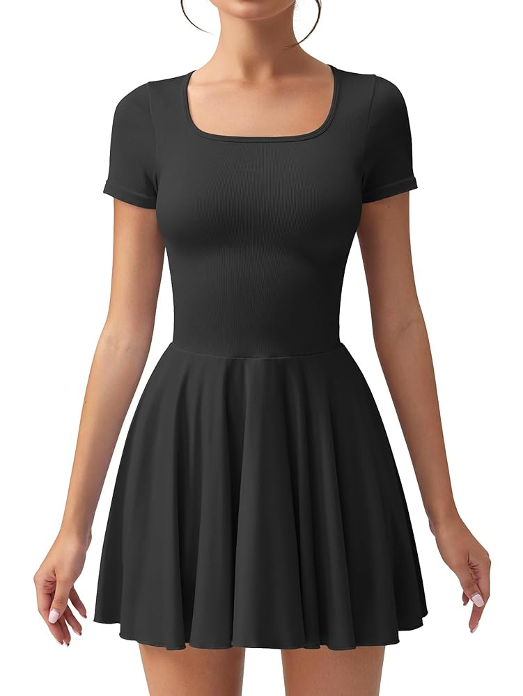 OQQ Women's Square Neck Ruffle Hem Mini Dress Summer Short Sleeve with Shorts Party Dresses | Amazon (US)