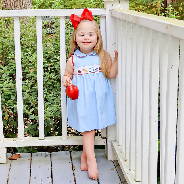 Pencil ABC Apple Light Blue Pique Smocked Collared Dress | Classic Whimsy