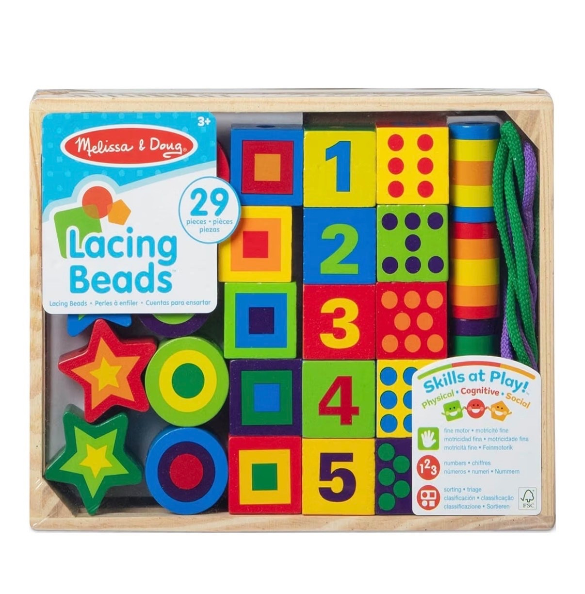 Melissa & Doug Deluxe Wooden Lacing Beads 29-Piece Play Set
29 Pieces, 27 Wooden Number Beads, 2 Laces, Storage Tray, Fine Motor Sorting Play, Preschool Learning Toys for Kids, Ages 3+