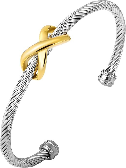 Cuff Bangle Bracelet, Stainless Steel Twisted Cable Wire Bangle Bracelet, Two Tone Vintage Bracel... | Amazon (US)