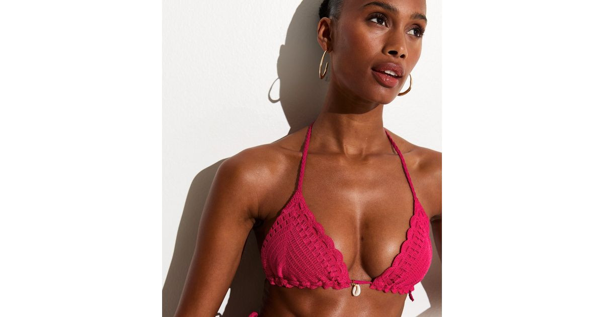 Dark Pink Crochet Triangle Shell Bikini Top | New Look | New Look (UK)