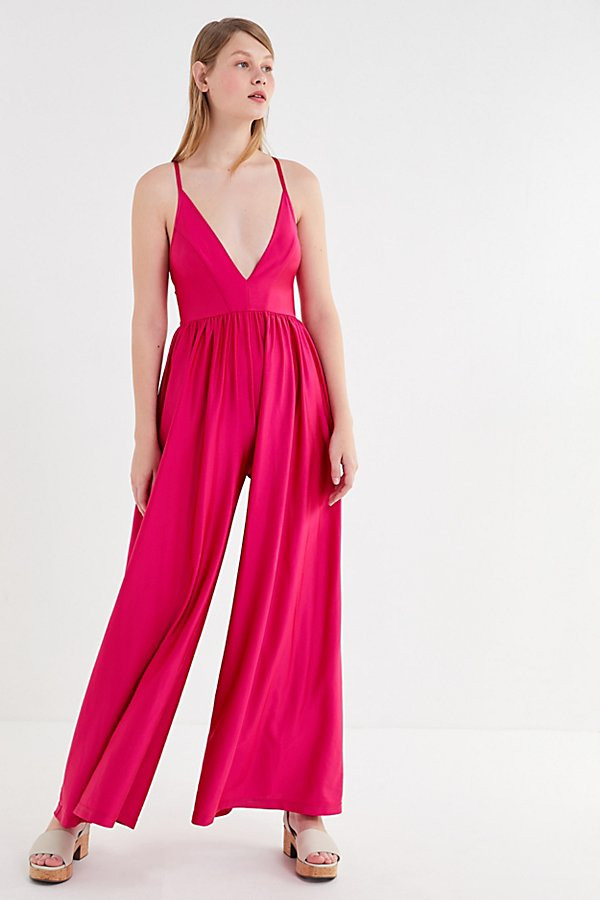 UO Gia Plunging Shimmer Jumpsuit - Pink Xs at Urban Outfitters | Urban Outfitters (US and RoW)