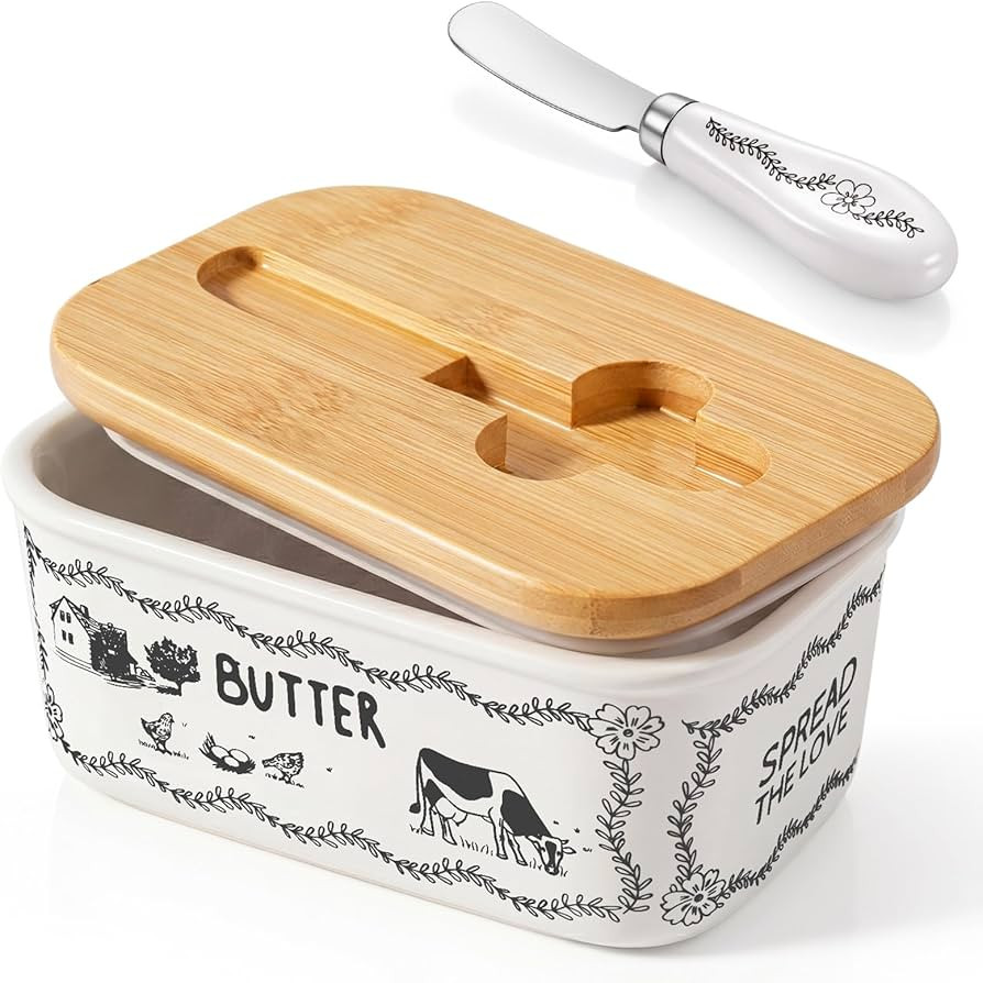 Amazon.com | Acellegic Butter Dish with Lid and Knife 6.3" Large Butter Dish for Countertop "spread the Love" Countryside White and Black Ceramic Container with Bamboo Lid and Silicone Seal for Home Kitchen Gift: Butter Dishes | Amazon (US)