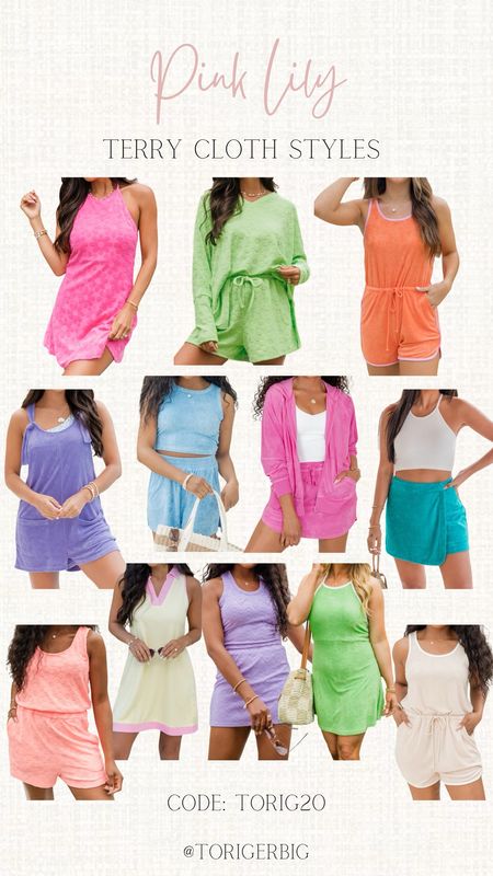 Some of my favorite Terry cloth styles. #PinkLily #Terry #TerryCloth #SummerStyle.BeSureToUseMyCode. TORIG20 for discount 

#LTKFindsUnder50 #LTKSaleAlert #LTKStyleTip