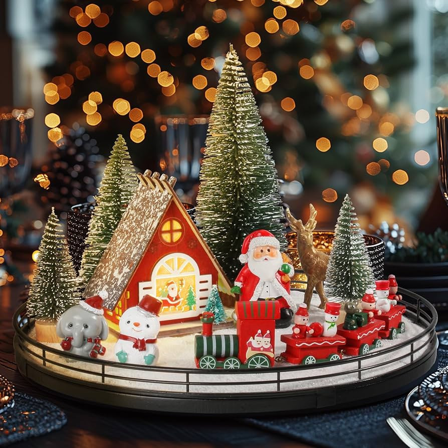 12 Pcs Christmas Village Set - 13" Oak Wooden Lazy Susan with Santa Train, House & Trees – Indo... | Amazon (US)