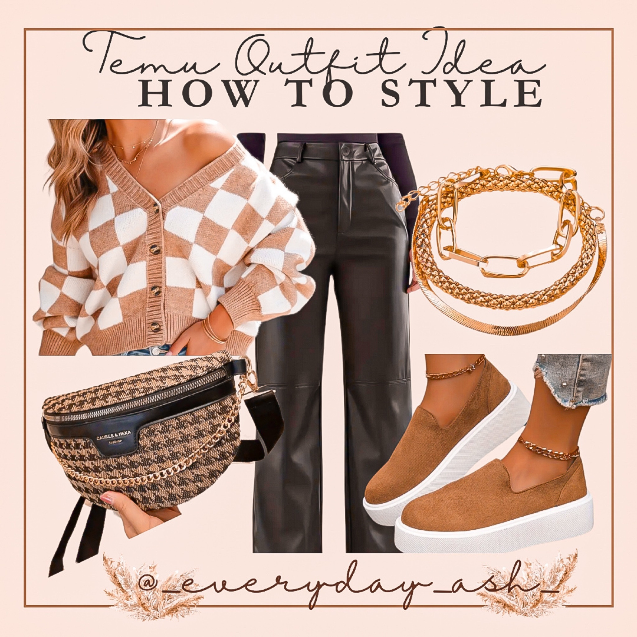 Temu date night outfit idea 🖤

This look is so great for date night, vacation outfit, concert and so much more 

check the site for sizing information! I’ll be getting my first order soon and will know more then 🤎

Temu fashion, temu outfit, neutral outfit, date night outfit, checkered sweater, brown and white sweater, leather pants, gold jewelry, houndstooth belt bag, brown platform sneakers 

#LTKstyletip #LTKMostLoved #LTKfindsunder50