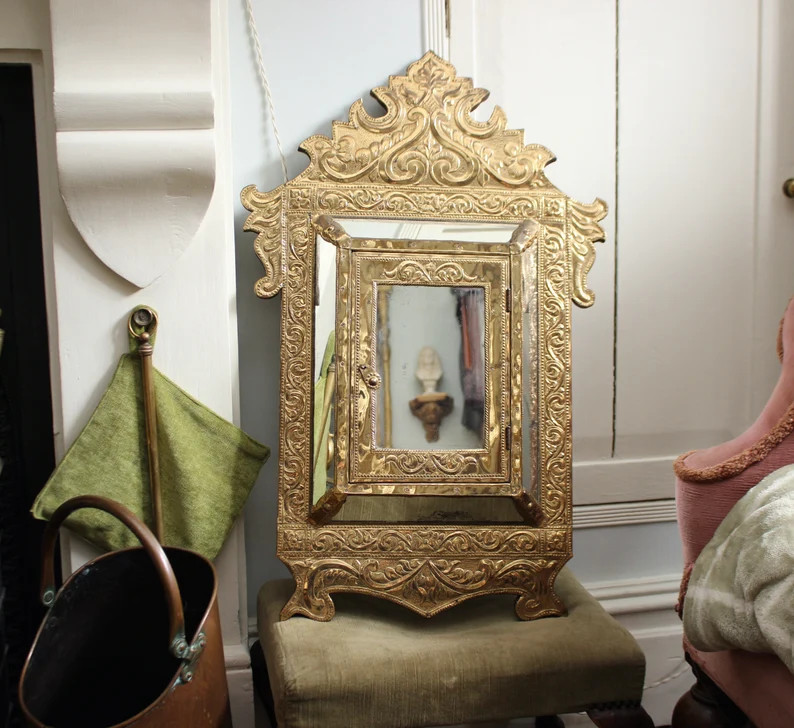 A Beautiful Early C20th Repousse Brass Cushion Mirror Cabinet - Etsy | Etsy (US)