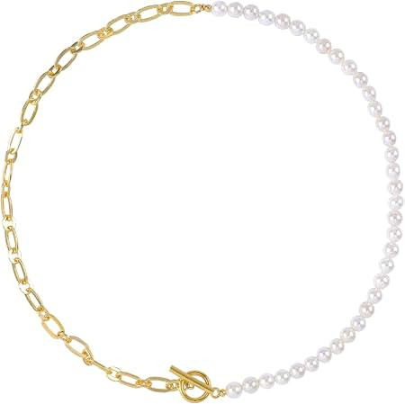 Amazon.com: Half Faux Pearl Half Chain Necklace,Gold-tone Paperclip Necklace for Women(N531) | Amazon (US)