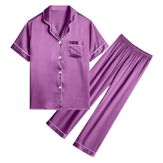 DAKIMOE Silk Satin Pajamas Set for Women Two-Piece Short Sleeve Shirt with Long Pajama Pant Set S... | Walmart (US)
