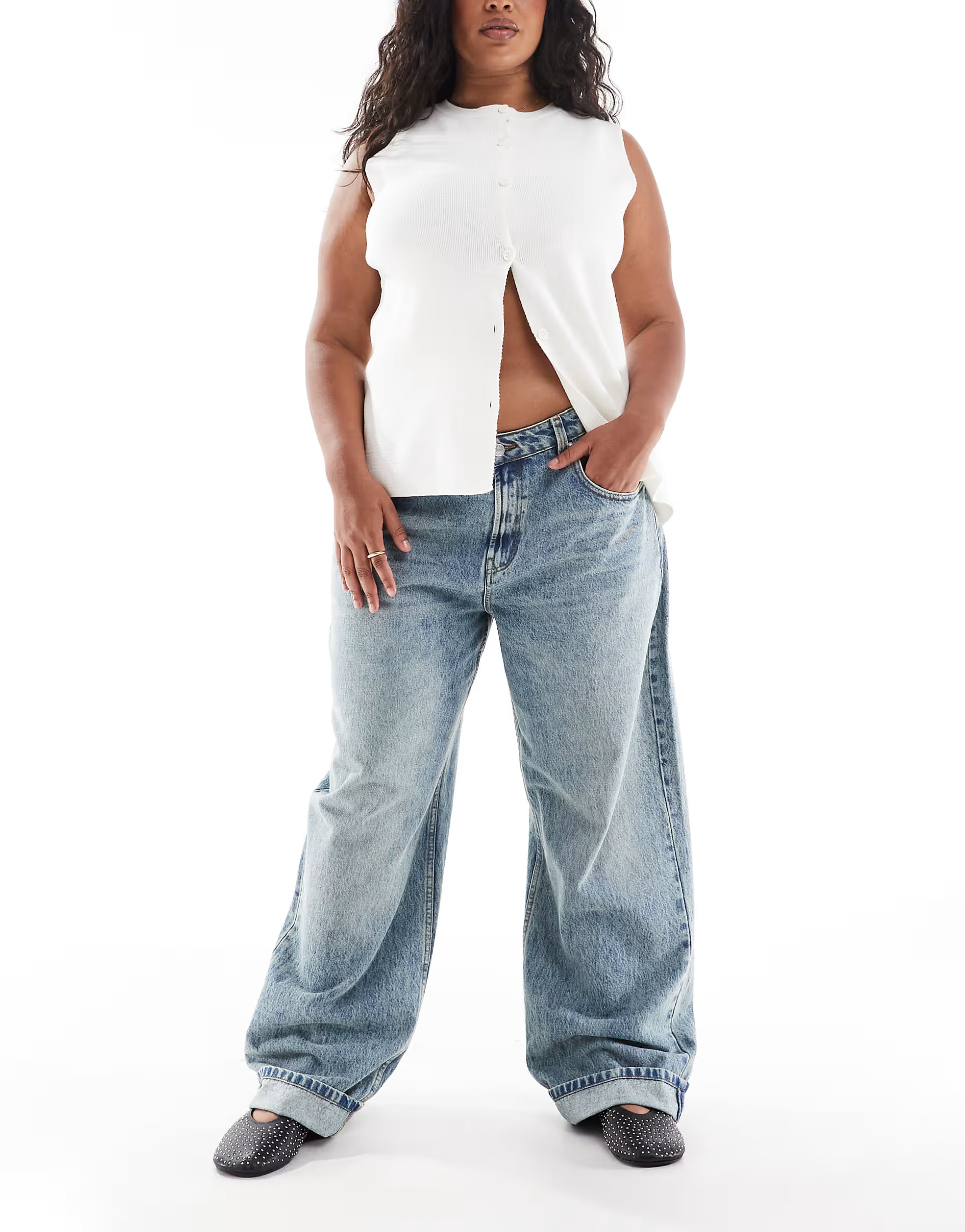 ASOS DESIGN Curve mid rise baggy boyfriend jean with turn up in vintage mid blue | ASOS (Global)