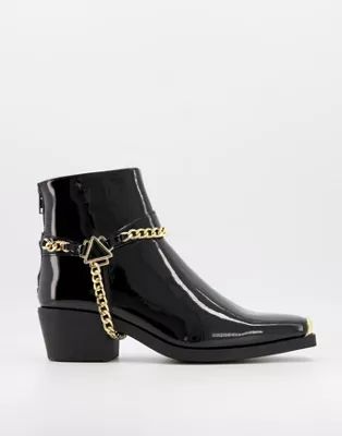 ASOS DESIGN cuban heel western chelsea boots in black patent with gold chain | ASOS (Global)