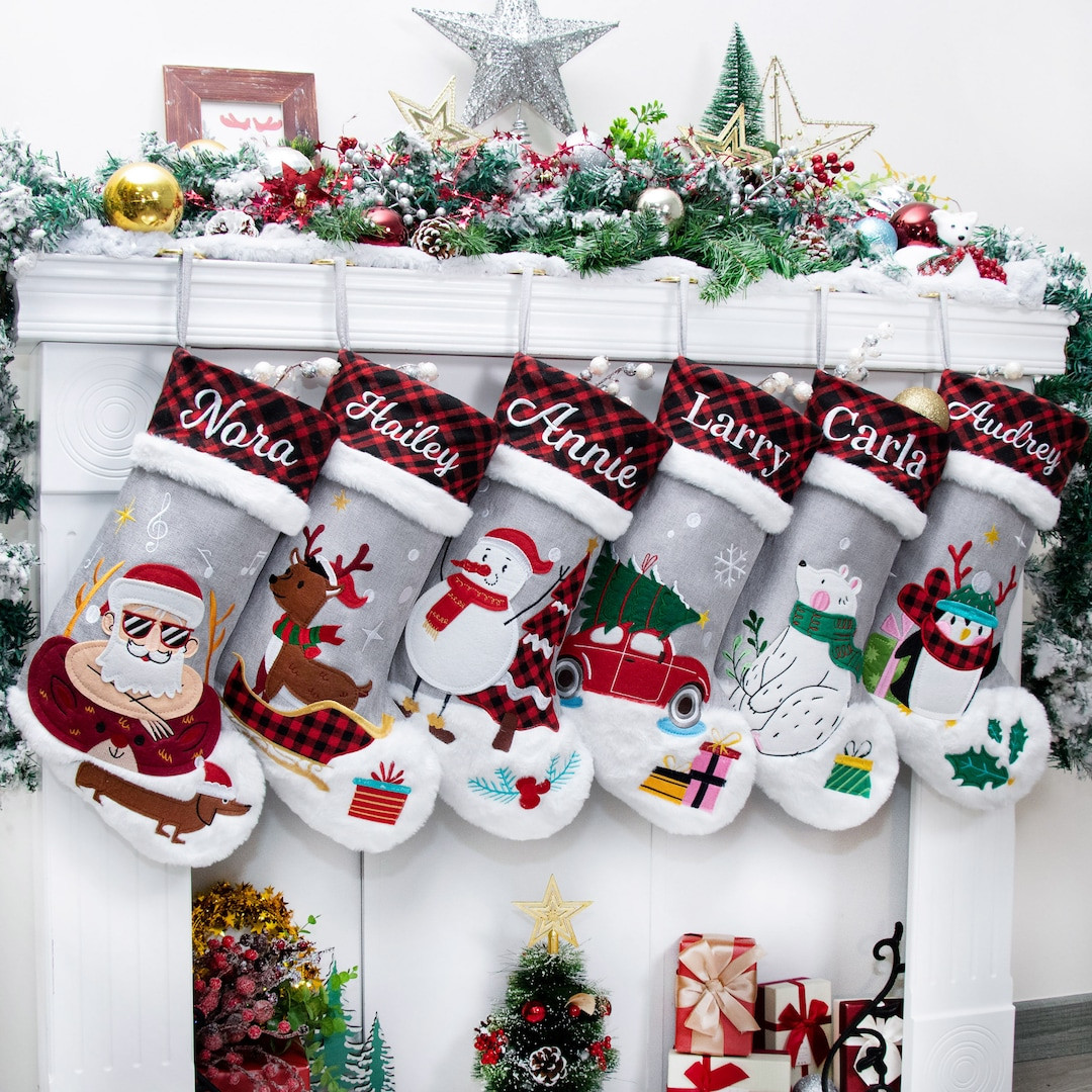 Personalized Christmas Stockings Plaid Applique Embroidered Stockings for Home Ornament Classic G... | Etsy (US)