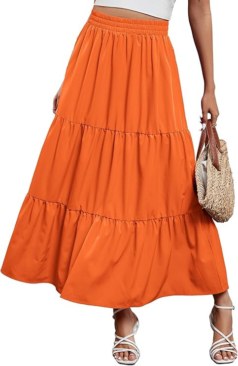 Arolina Maxi Skirt for Women Summer Boho Elastic High Waist Pleated A-Line Flowy Ruffle Swing Tie... | Amazon (US)