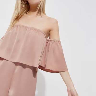 River Island Womens Petite blush Pink layer bardot playsuit | River Island (UK & IE)