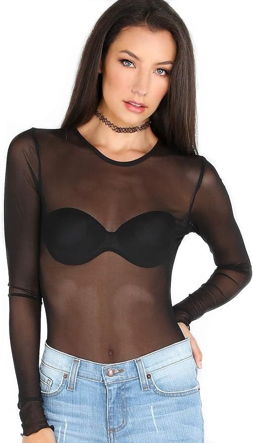 Kyerivs Women's Mesh Tops Long Sleeve See Through Sheer Blouse Black Sexy Clubwear Shirts | Amazon (US)