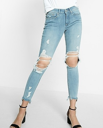 Petite Mid Rise Distressed Frayed Stretch Ankle Jean Leggings | Express