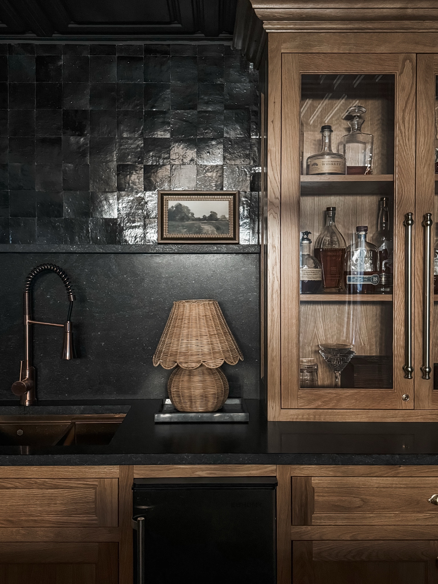 Moody bar vibes 🥃🖤

#rattanlamp #wallart #faucet #studiomcgee #rejuvination 

#LTKStyleTip #LTKHome #LTKFindsUnder100