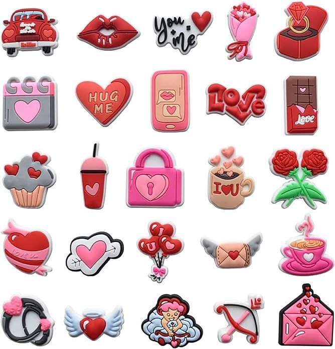 25 Pcs Croc Valentine's Day Heart Shoes Charm Cute Clog PVC Shoe Charms Decoration, Lovely Charm... | Amazon (US)