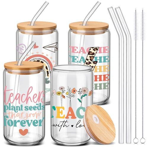 SiliFine 4 Pcs Teacher Appreciation Gifts 16 oz Teacher Glass Cups with Lid and Straw Thank You Coffee Cup Teachers Can Shape Drinking Tumbler for Teachers Appreciation Party Favors | Amazon (US)