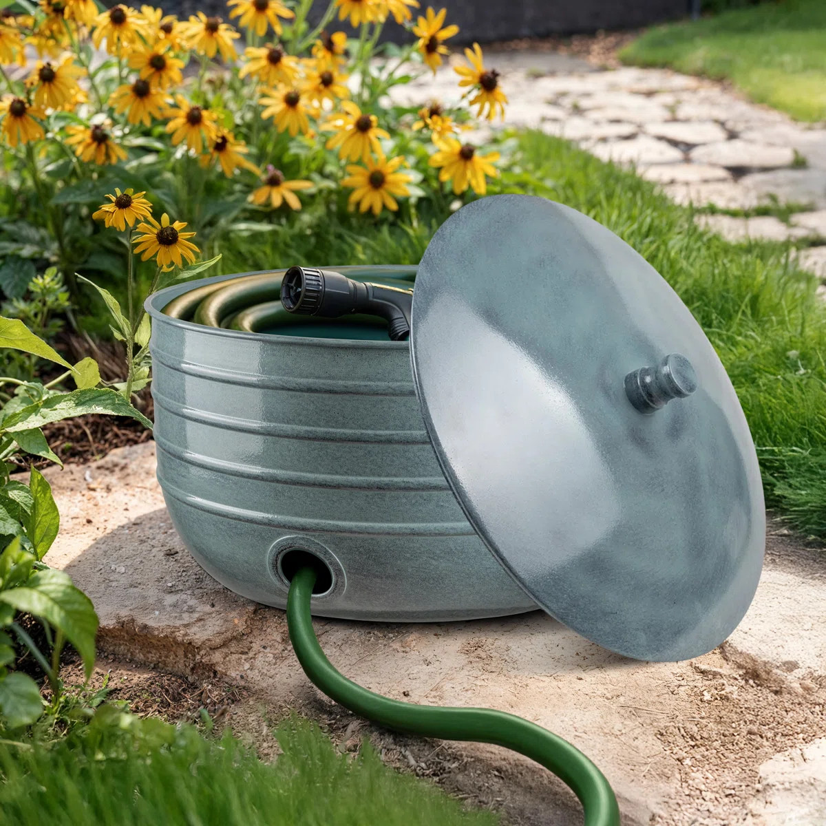 Handcrafted Border Embossed Metal Garden Hose Holder Pot with Lid, Teal | Wayfair North America