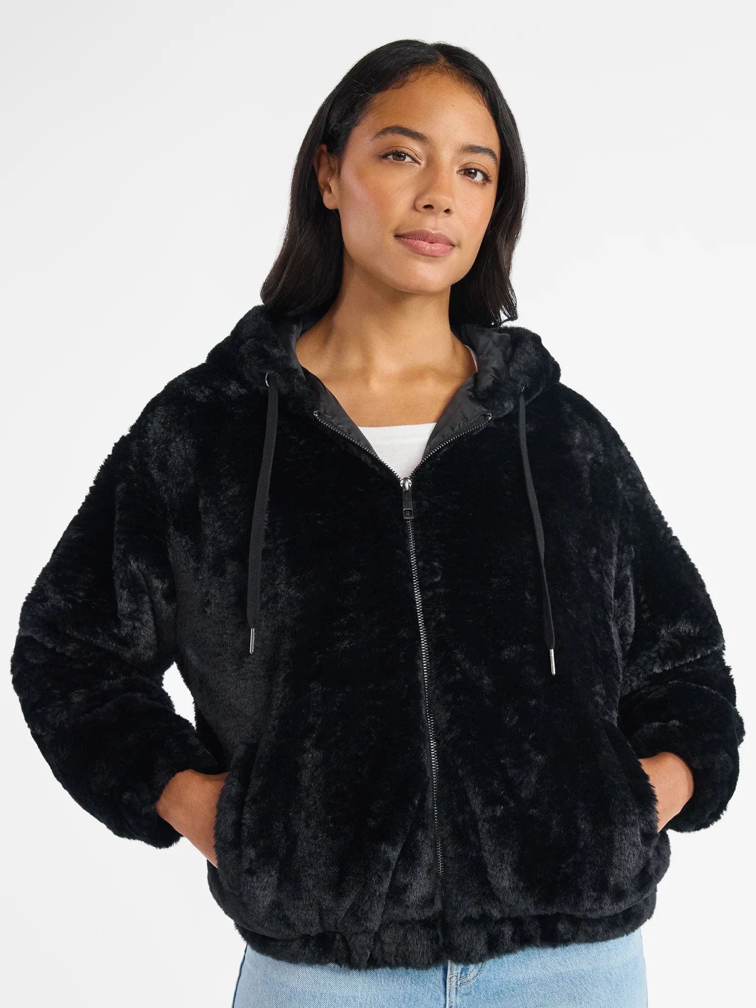 Time and Tru Women's and Women's Plus Faux Fur Hoodie Jacket, Heavyweight, Sizes XS-2X | Walmart (US)