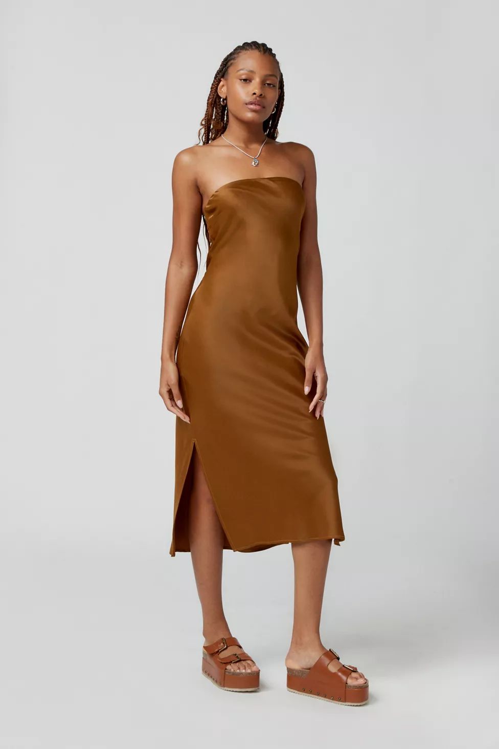 UO Rina Satin Strapless Midi Dress | Urban Outfitters (US and RoW)