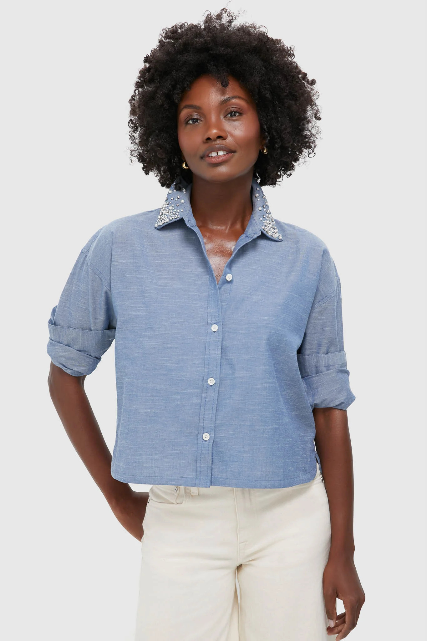 Chambray Denim Embellished Cropped Jasper Button Down | Tuckernuck (US)