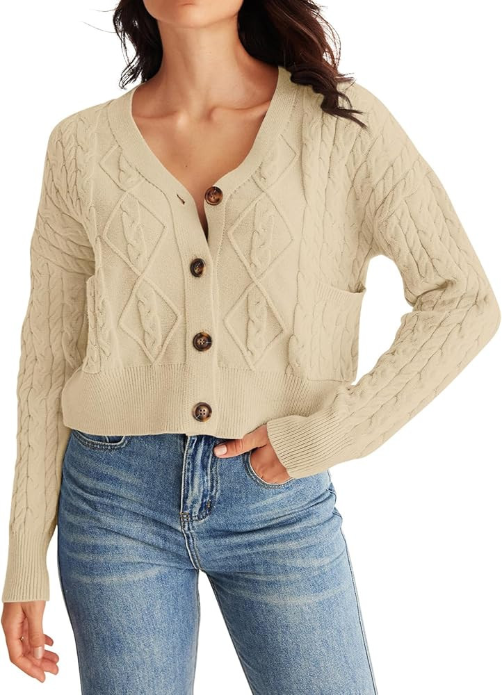 MEROKEETY Women's Long Sleeve Open Front Cable Knit Crop Cardigans V Neck Button Sweaters with Po... | Amazon (US)