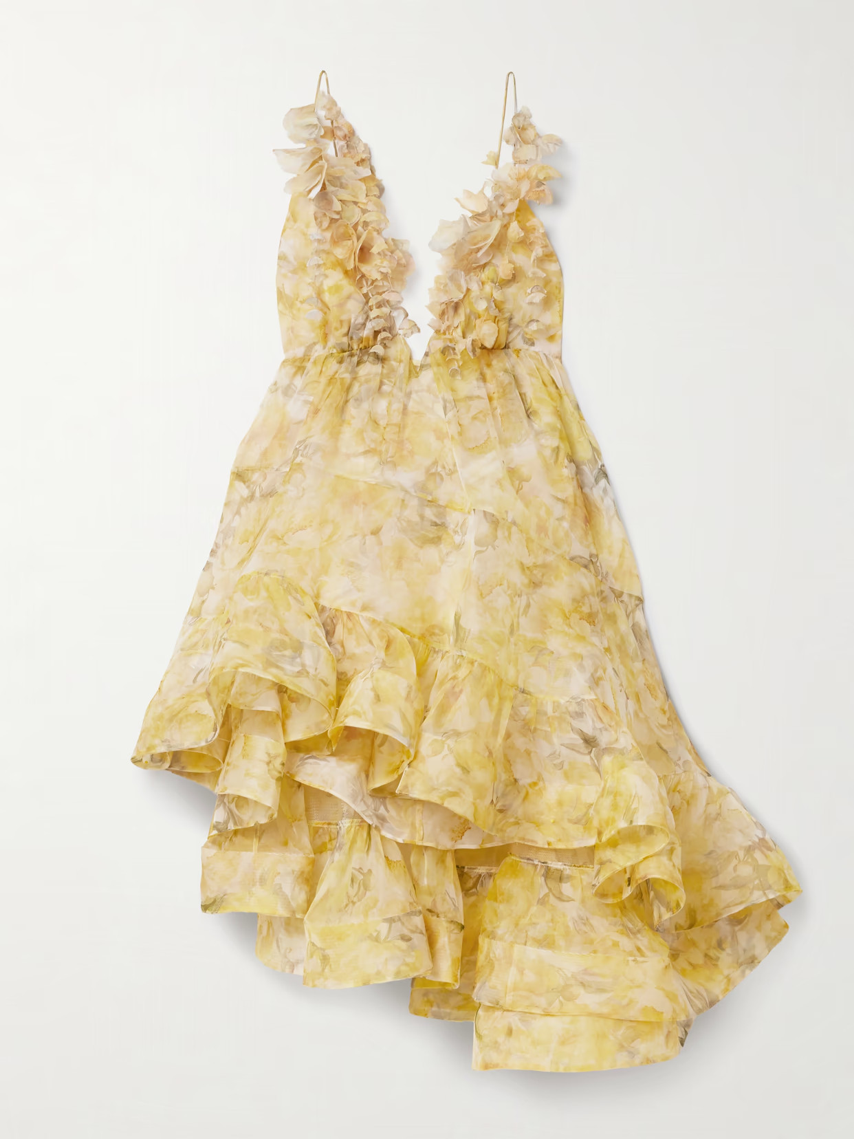 Zimmermann - Harmony Appliquéd Ruffled Asymmetric Floral-print Silk-organza Mini Dress - Yellow | NET-A-PORTER (US)