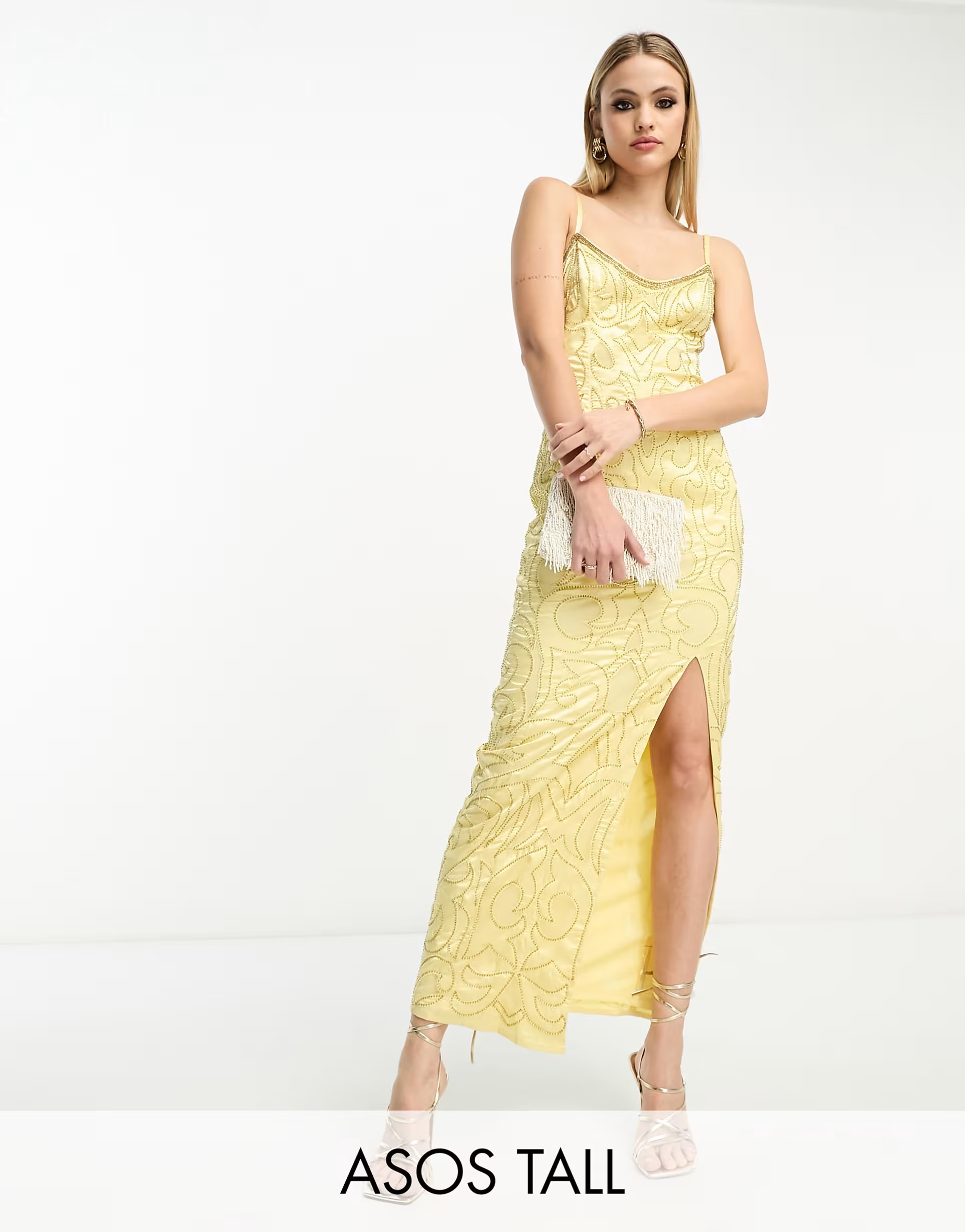 ASOS DESIGN Tall cami sequin embellished seamed midi dress in lemon | ASOS | ASOS (Global)