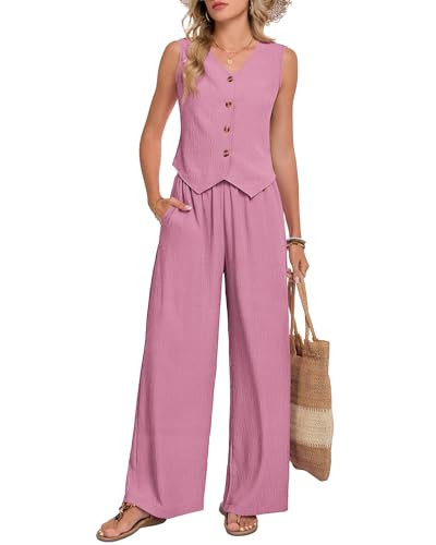 MOLERANI Womens Two Piece Cruise Outfits 2026 Summer Linen V Neck Sleeveless Vest Wide Leg Pants Beach Resort Vacation Travel Airport Casual Business Matching Sets​, Rose Pink, M | Amazon (US)