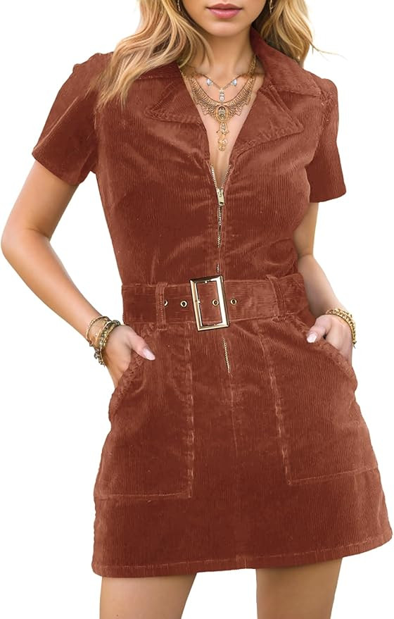 Women's Corduroy Mini Dress Short Sleeve Lapel Zip Up Belted Cowgirl Dresses with Pockets | Amazon (US)