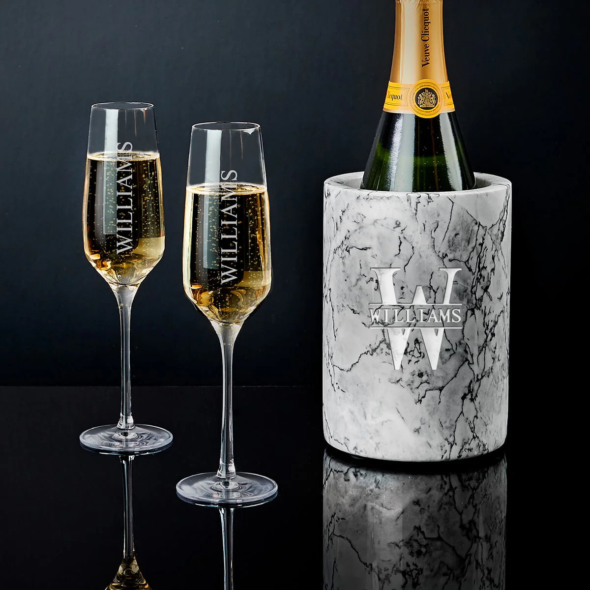 Engraved Champagne Glasses Gift Set with White Marble Bottle Chiller | HomeWetBar.com