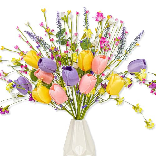MG MagicGarden Artificial Spring Flowers 12 Pack Spring Flower Stems 17 Inch Floral Picks with Pink Yellow Purple Tulips Wildflowers for Centerpieces Vases Floral Arrangements Summer Easter Decor | Amazon (US)