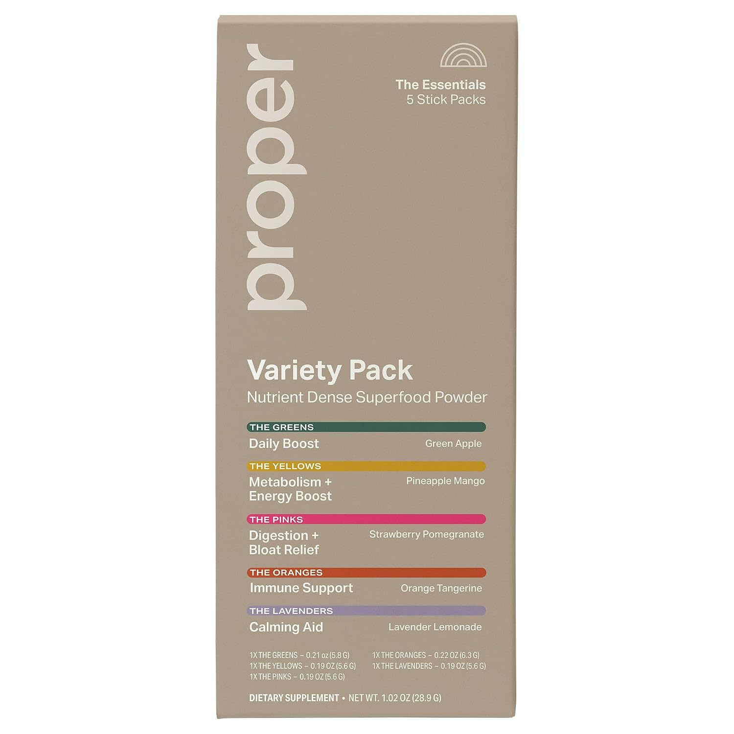 Proper The Essentials Super Foods Powder 5-Stick Variety Pack - Super Greens, Gut Health, Metabolism & Energy, Calm Magnesium Powder & Immune Support Supplement Packs | Amazon (US)