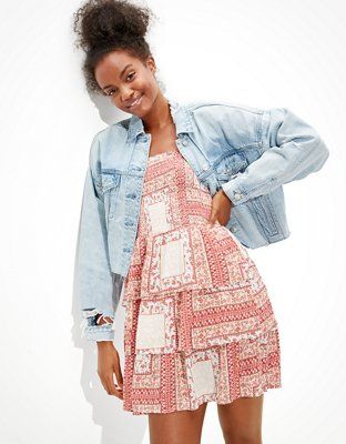 AE Printed Smocked Tie-Strap Mini Dress | American Eagle Outfitters (US & CA)