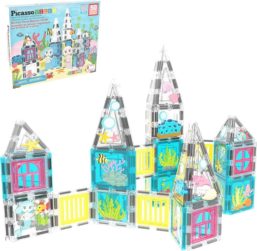 PicassoTiles 50 Piece Magnetic Tiles Mermaid Theme Magnet Building Blocks Toddler Toy Educational... | Amazon (US)