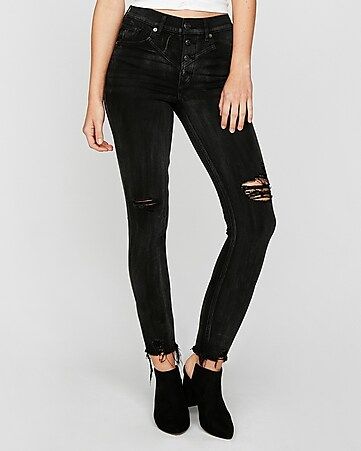 Black High Waisted Button Fly Stretch Ankle Jean Leggings | Express