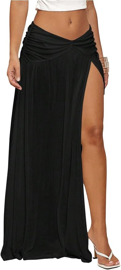 Milumia Women's Low Rise Maxi Skirt Side Slit Beach Ruffle Hem Flowy Boho Long Skirts Black Large... | Amazon (US)