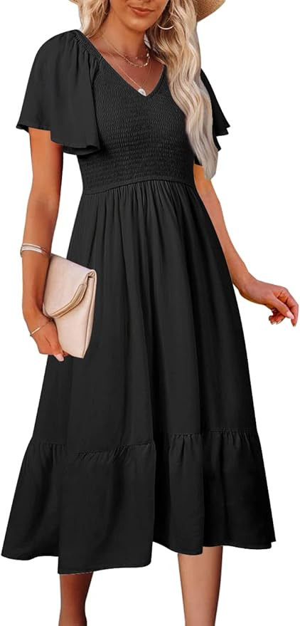 MEROKEETY Womens 2023 Summer Casual V Neck Ruffle Sleeve Smocked High Waist Midi Dress with Pocke... | Amazon (US)