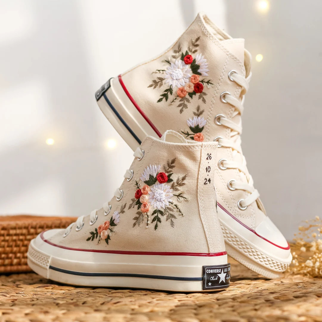 Embroidered Converse Wedding Flowers, Custom Converse High Tops Embroidery Bridal Flowers, Weddin... | Etsy (US)