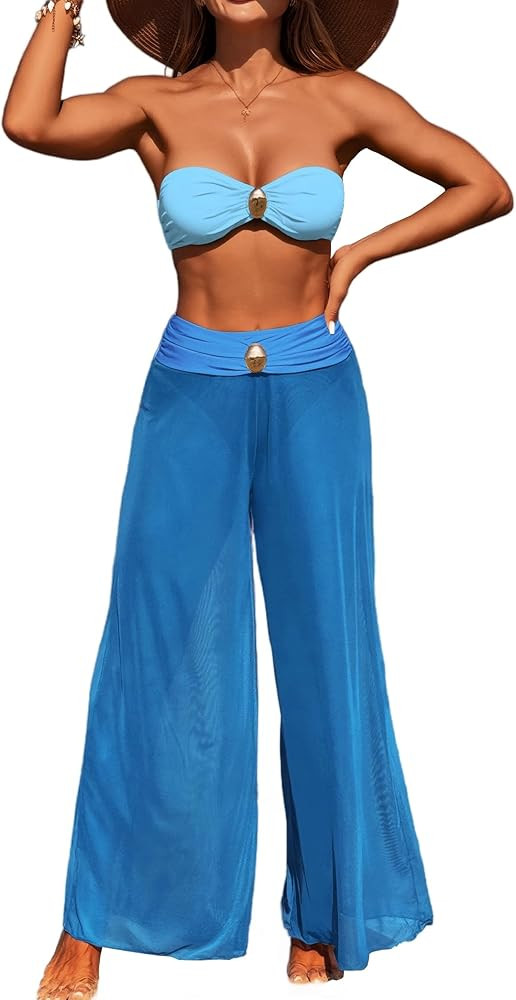 3 Piece Swimsuits for Women Tummy Control Bikini Set with Beach Cover Up Mesh Pants Sexy Tube Top... | Amazon (US)