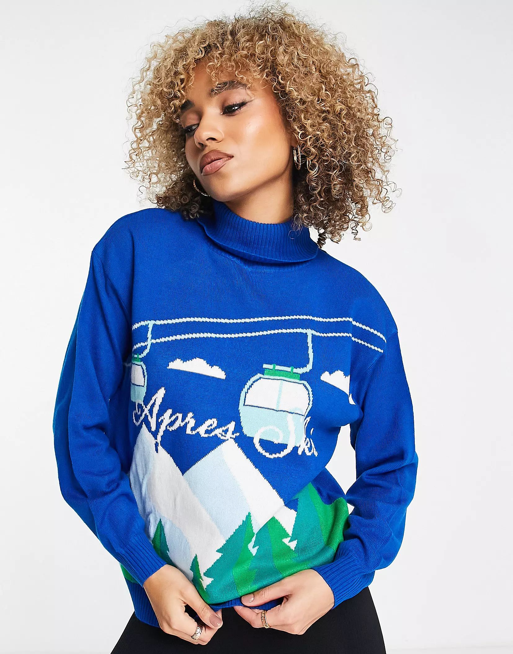 Threadbare Ski high neck printed sweater in blue | ASOS (Global)