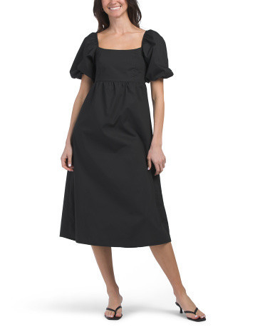 Puff Sleeve Pleated Midi Dress For Women, Cotton | TJ Maxx