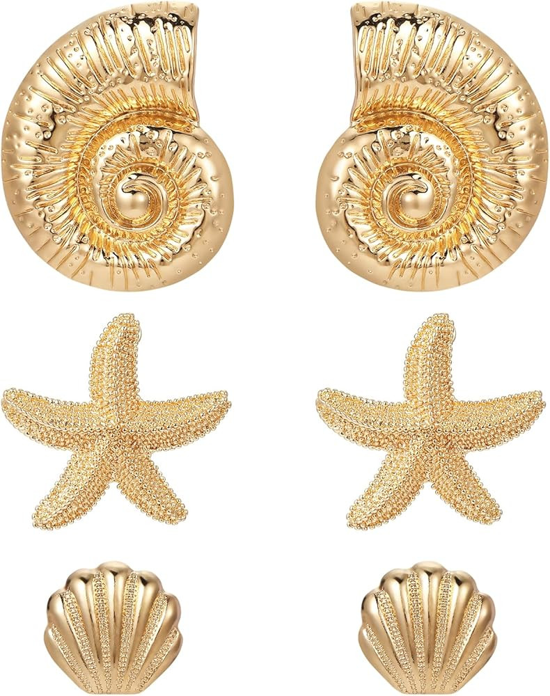 3 Pieces Seashell Earrings Gold Shell Earrings for Women Conch Earrings Starfish Earrings Seashel... | Amazon (US)