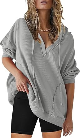 SENSERISE Womens Oversized Hoodies V Neck Drawstring Long Sleeve Waffle Knit Tops Lightweight The... | Amazon (US)