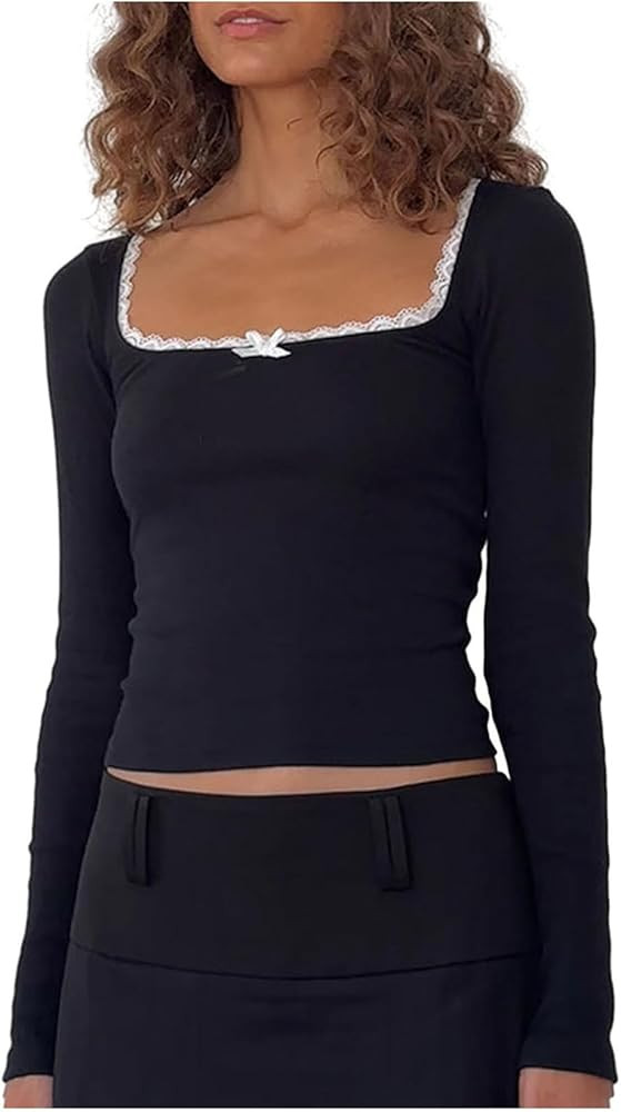 Women Cute Bow Crop Top Vintage Long Sleeve Bow Tie T-Shirt Slim Fit Y2K Lace Trim Cropped Blouse... | Amazon (US)