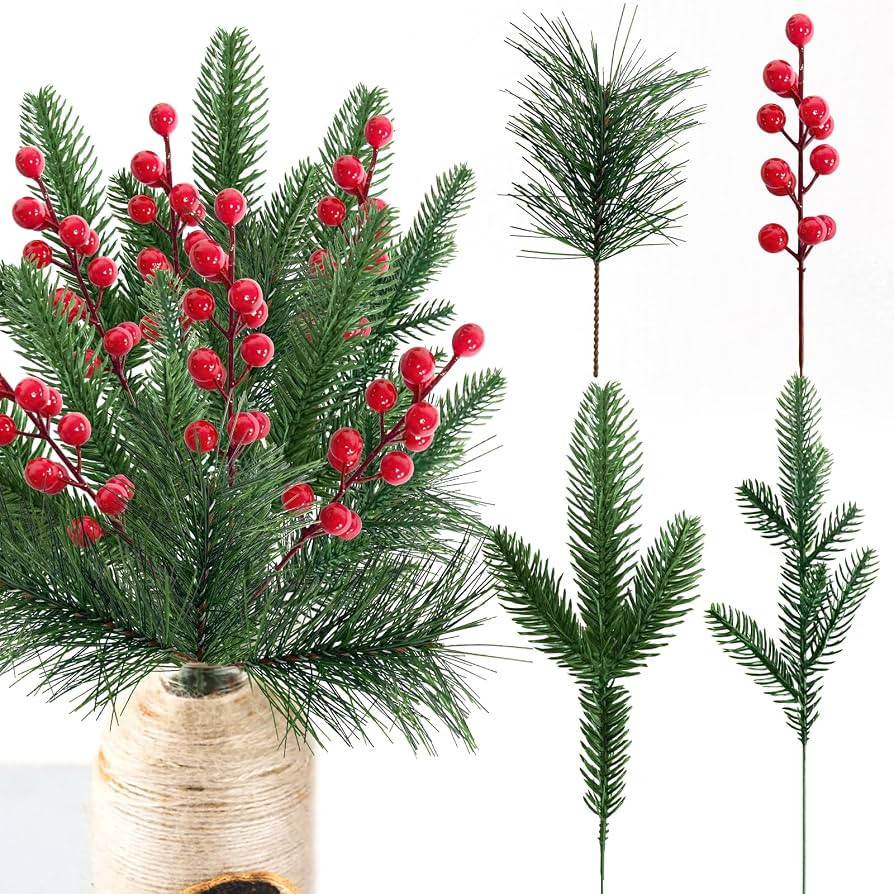 24 Pcs Christmas Artificial Pine Picks and Red Berry Stems, 10.5 Inch Greenery Pine Sprigs, 8 Inc... | Amazon (US)